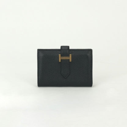 Hermes Bearn Mini Coin Purse Wallet Bifold Mini Epsom Noir Black Gold Veau