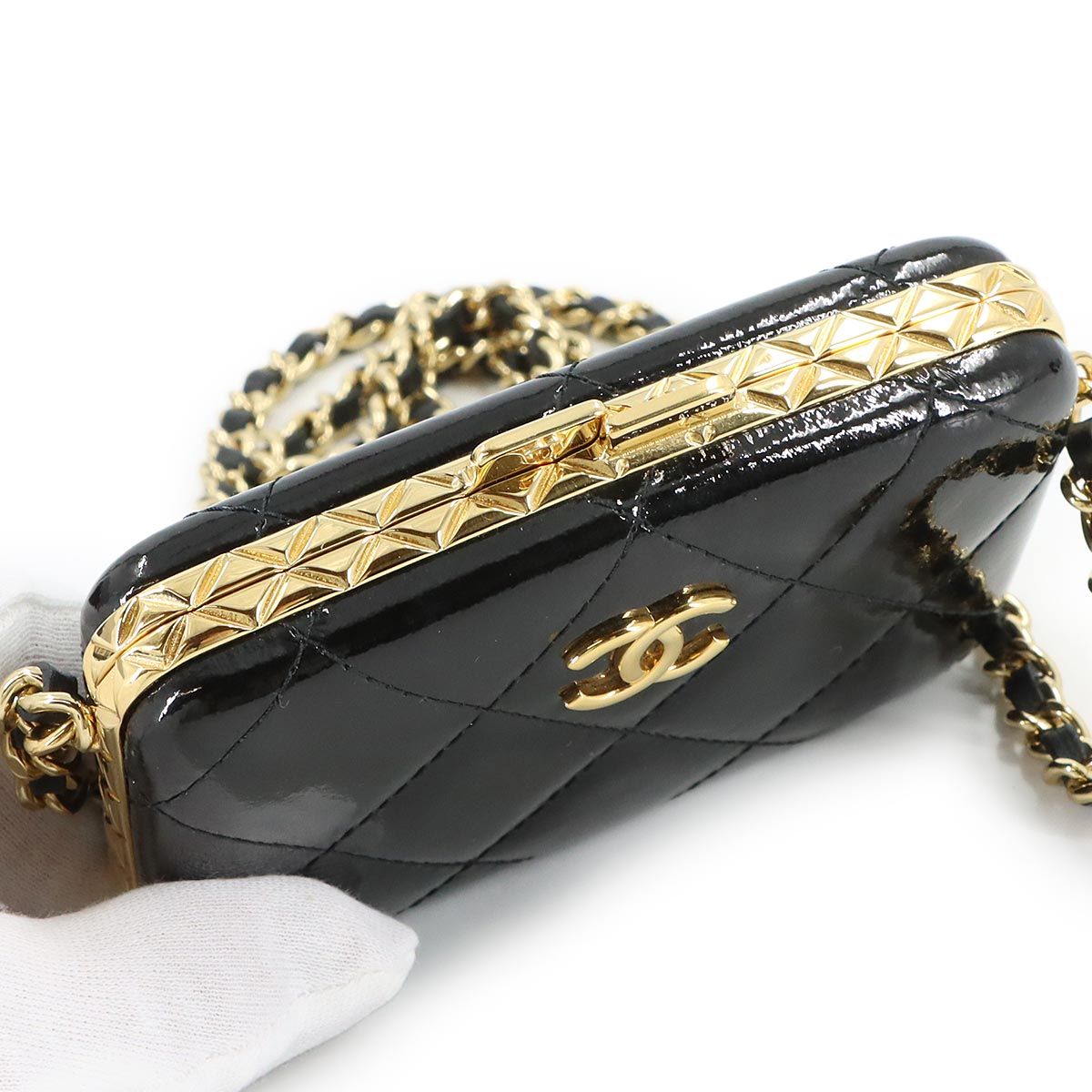 Chanel Quilted Chain Shoulder Card Case Business Holder Patent Leather Black — view 6