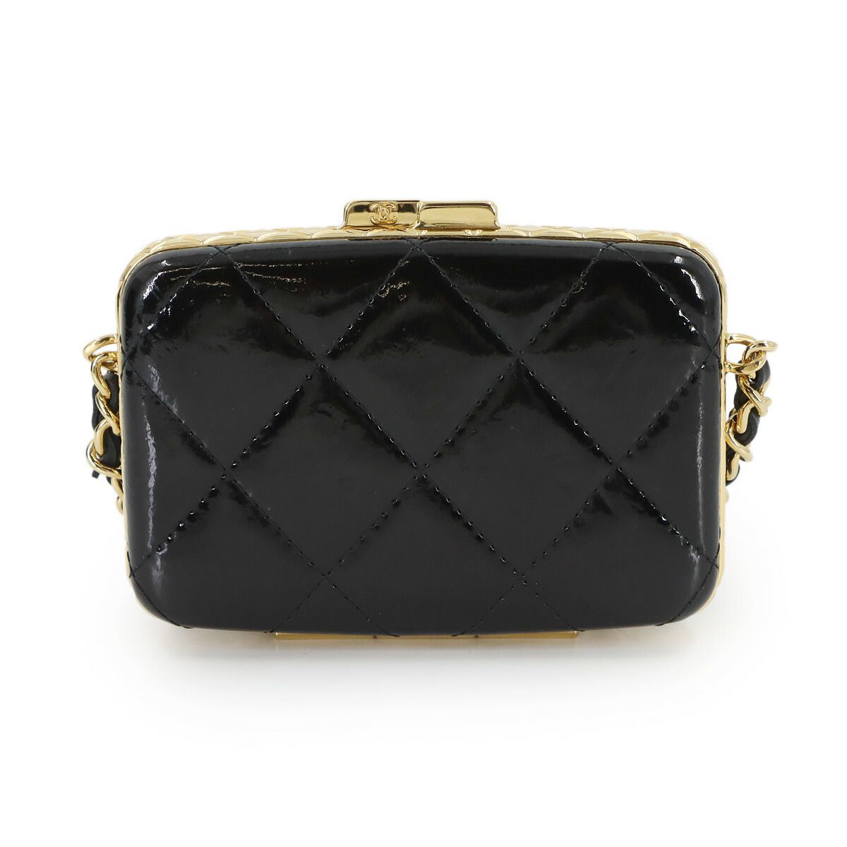 Chanel Quilted Chain Shoulder Card Case Business Holder Patent Leather Black — view 3