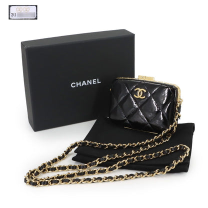 Chanel Quilted Chain Shoulder Card Case Business Holder Patent Leather Black — view 2