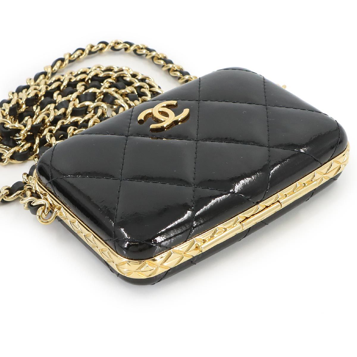 Chanel Quilted Chain Shoulder Card Case Business Holder Patent Leather Black — view 5