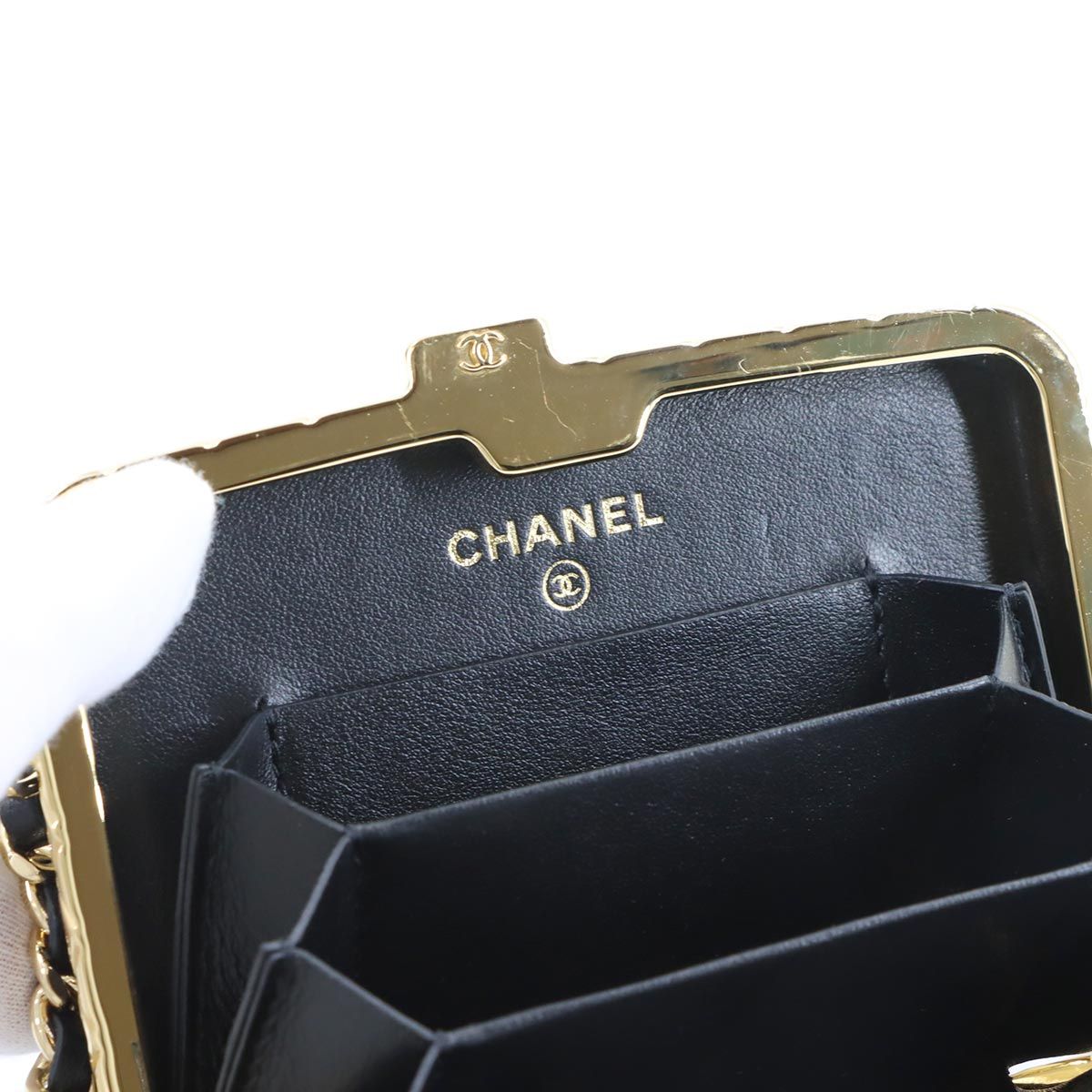 Chanel Quilted Chain Shoulder Card Case Business Holder Patent Leather Black — view 9