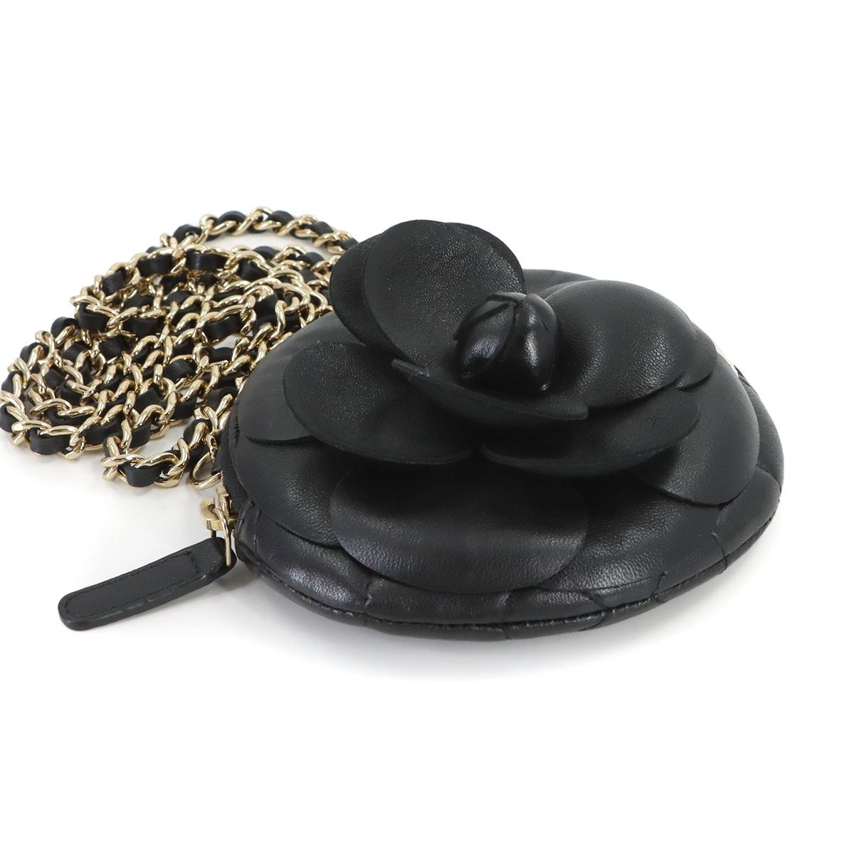 Chanel Quilted Camellia Chain Clutch Coin Purse Lambskin Black — view 4