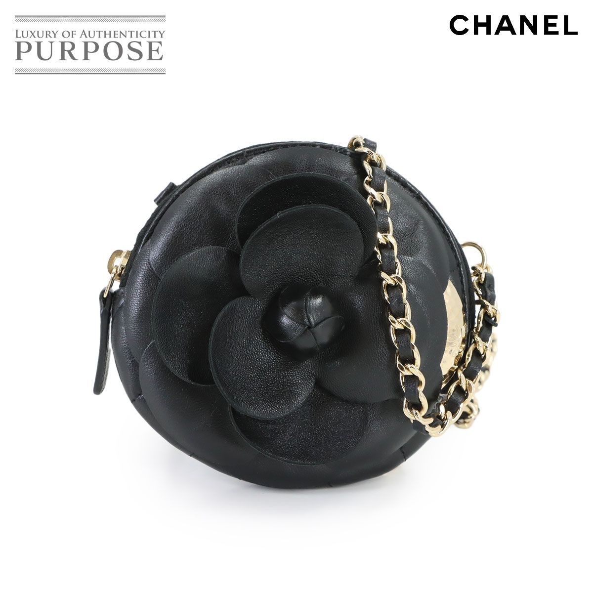 Chanel Quilted Camellia Chain Clutch Coin Purse Lambskin Black