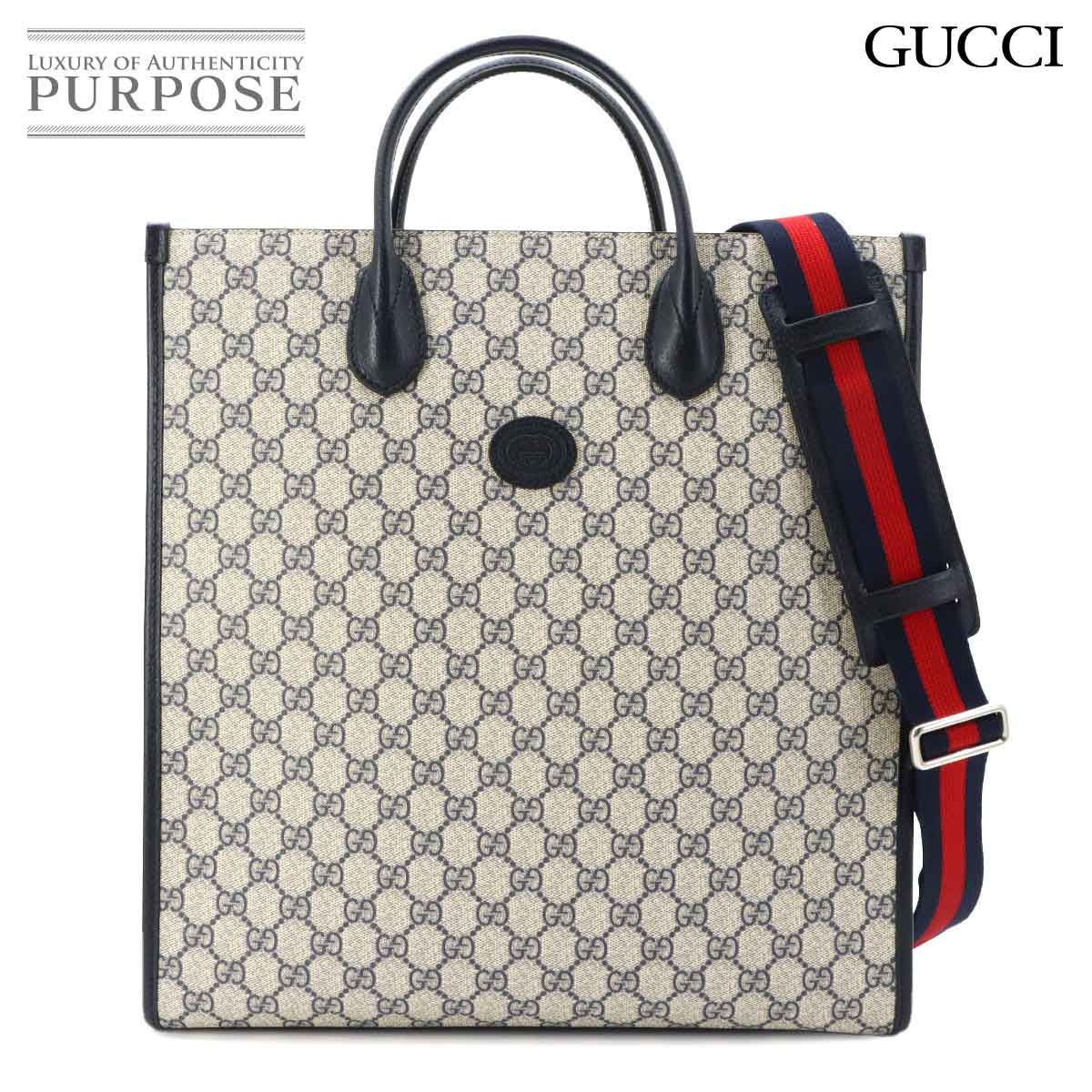 Gucci Interlocking 2-Way Tote Shoulder Bag GG Supreme Leather Navy Beige
