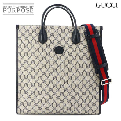 Gucci Interlocking 2-Way Tote Shoulder Bag GG Supreme Leather Navy Beige