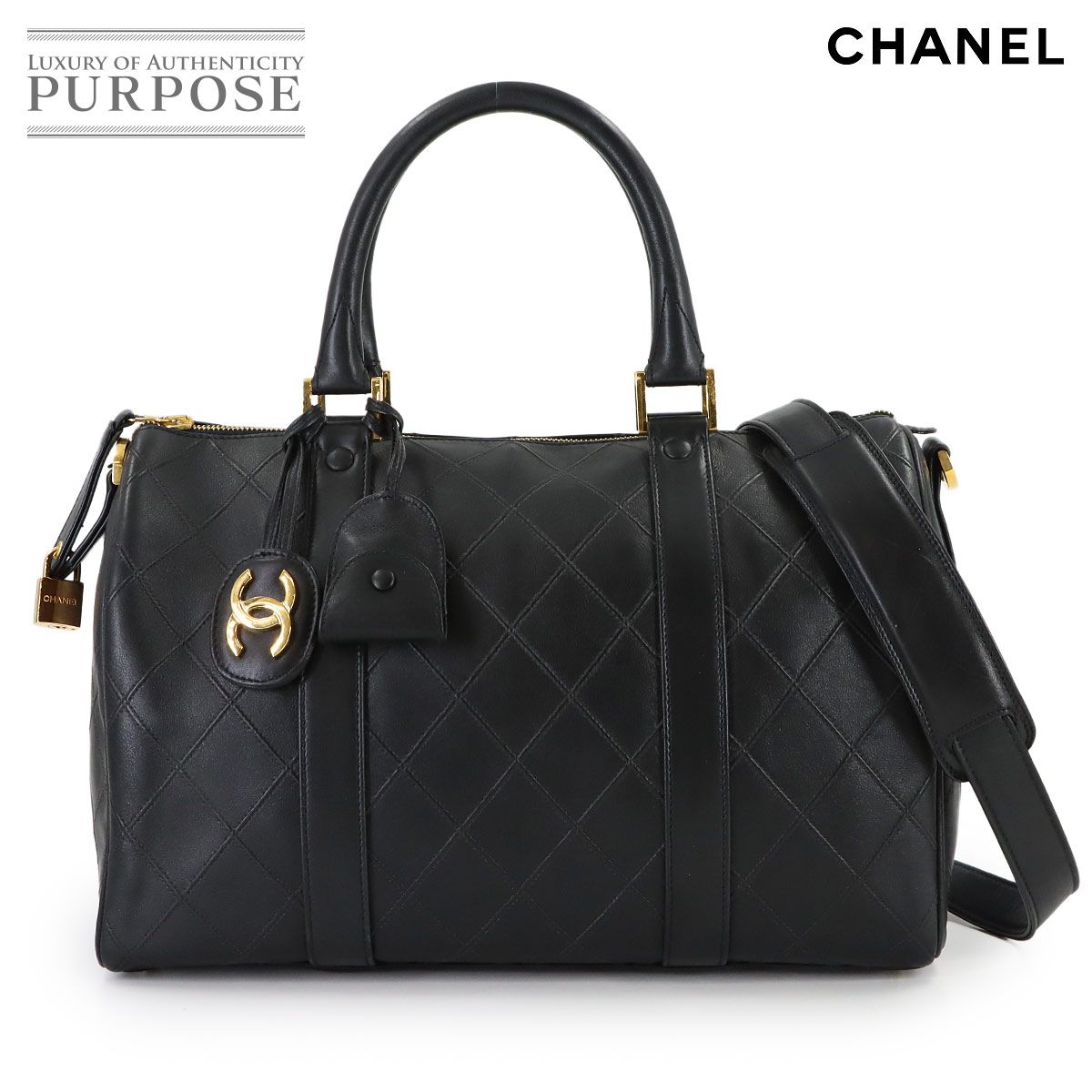 Chanel Pico les 2-Way Mini Boston Shoulder Bag Leather Black Gold Vintage