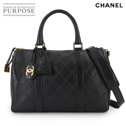 Chanel Pico les 2-Way Mini Boston Shoulder Bag Leather Black Gold Vintage