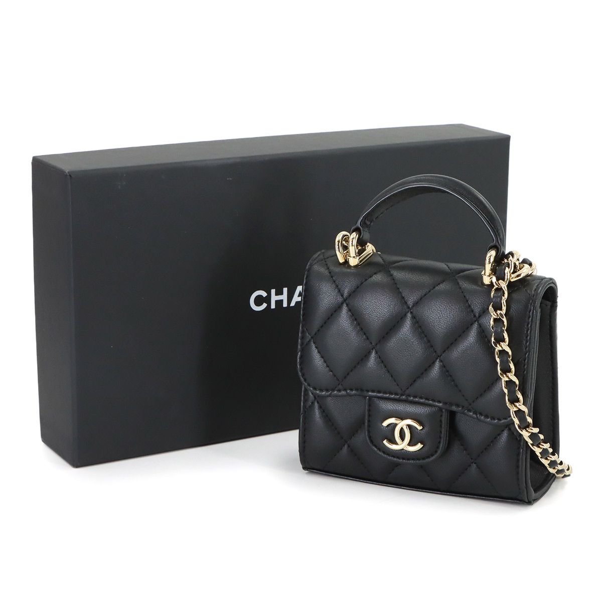 Chanel Mini Quilted Chain Clutch Shoulder Bag Lambskin Black Gold — view 2
