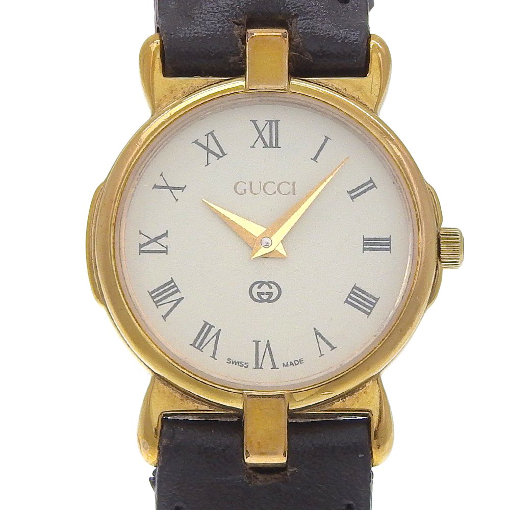 Gucci Gold Plated Leather Quartz Analog Display White Dial Watch