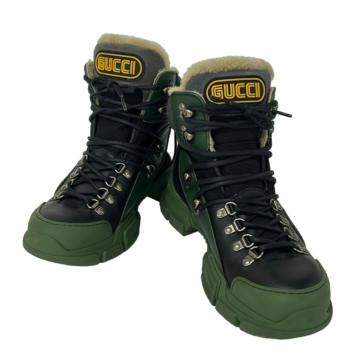 Gucci Short Boots 6 Black Green Gray Boa Leather — view 2