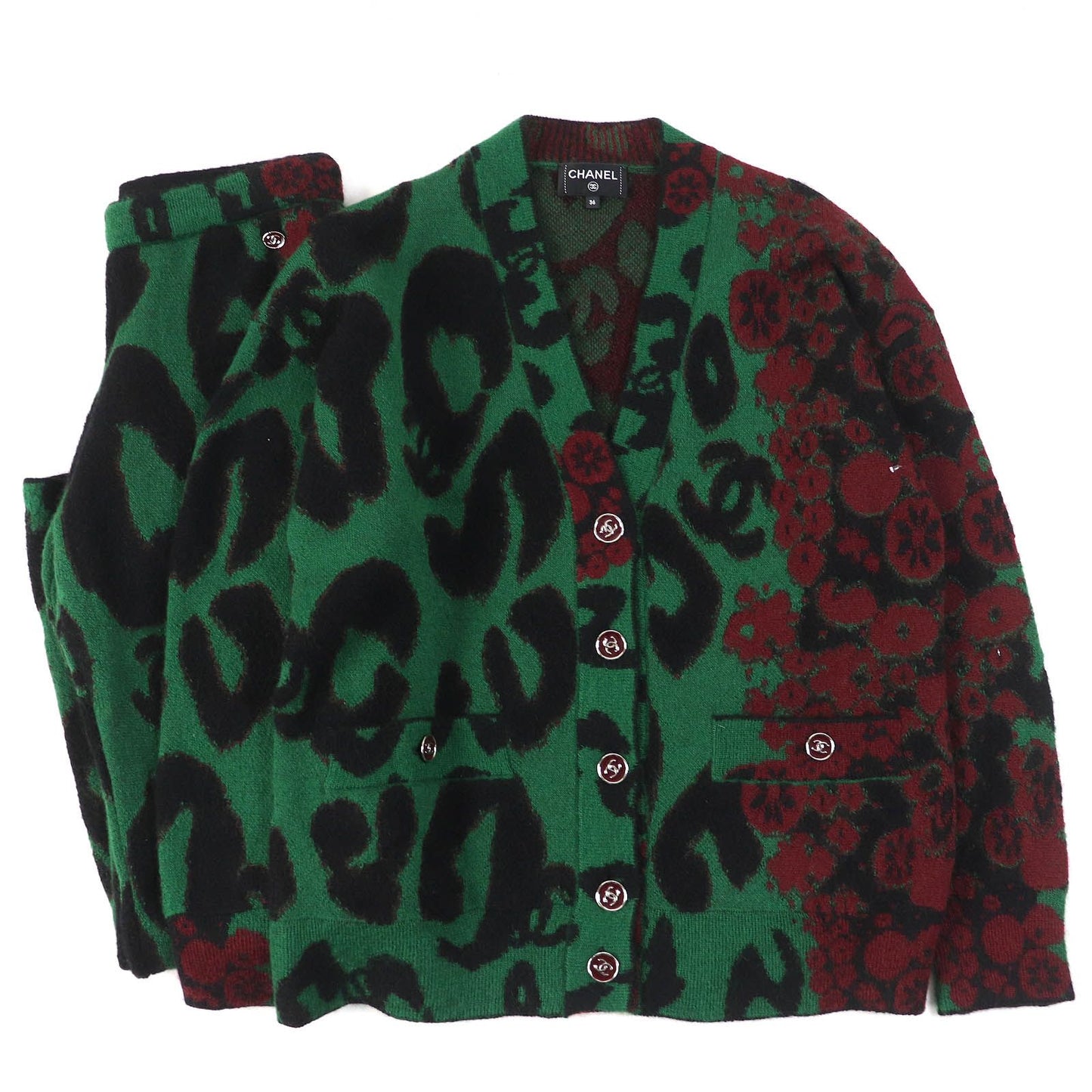Chanel Cashmere Mohair CC Logo Button All Over Pattern Cardigan Pants Set Green