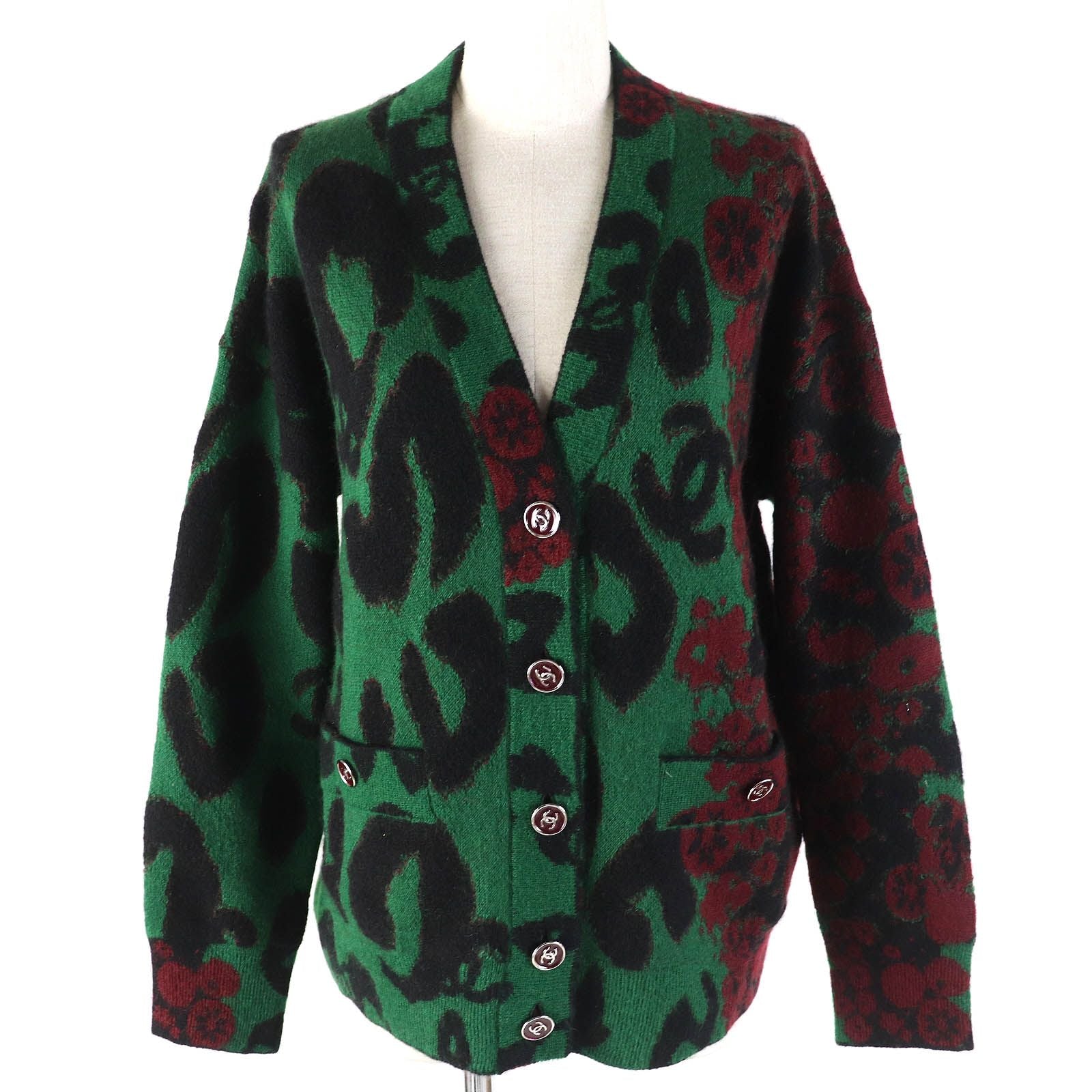 Chanel Cashmere Mohair CC Logo Button All Over Pattern Cardigan Pants Set Green — view 2