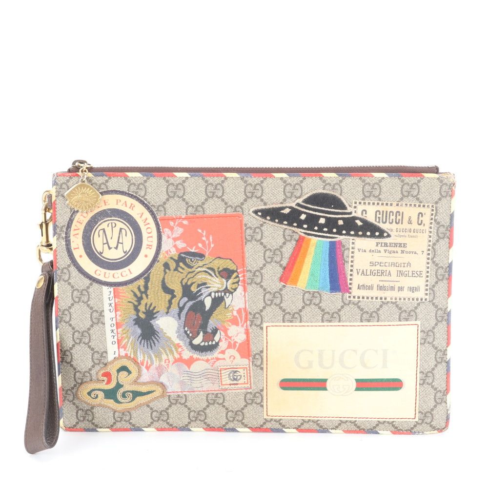 Gucci GG Supreme Courier Patch Tiger Leather Clutch Pouch Enm