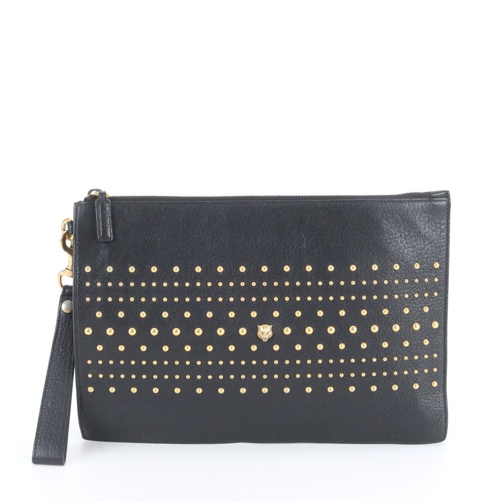 Gucci Tiger Head Leather Clutch Pouch Black Enm