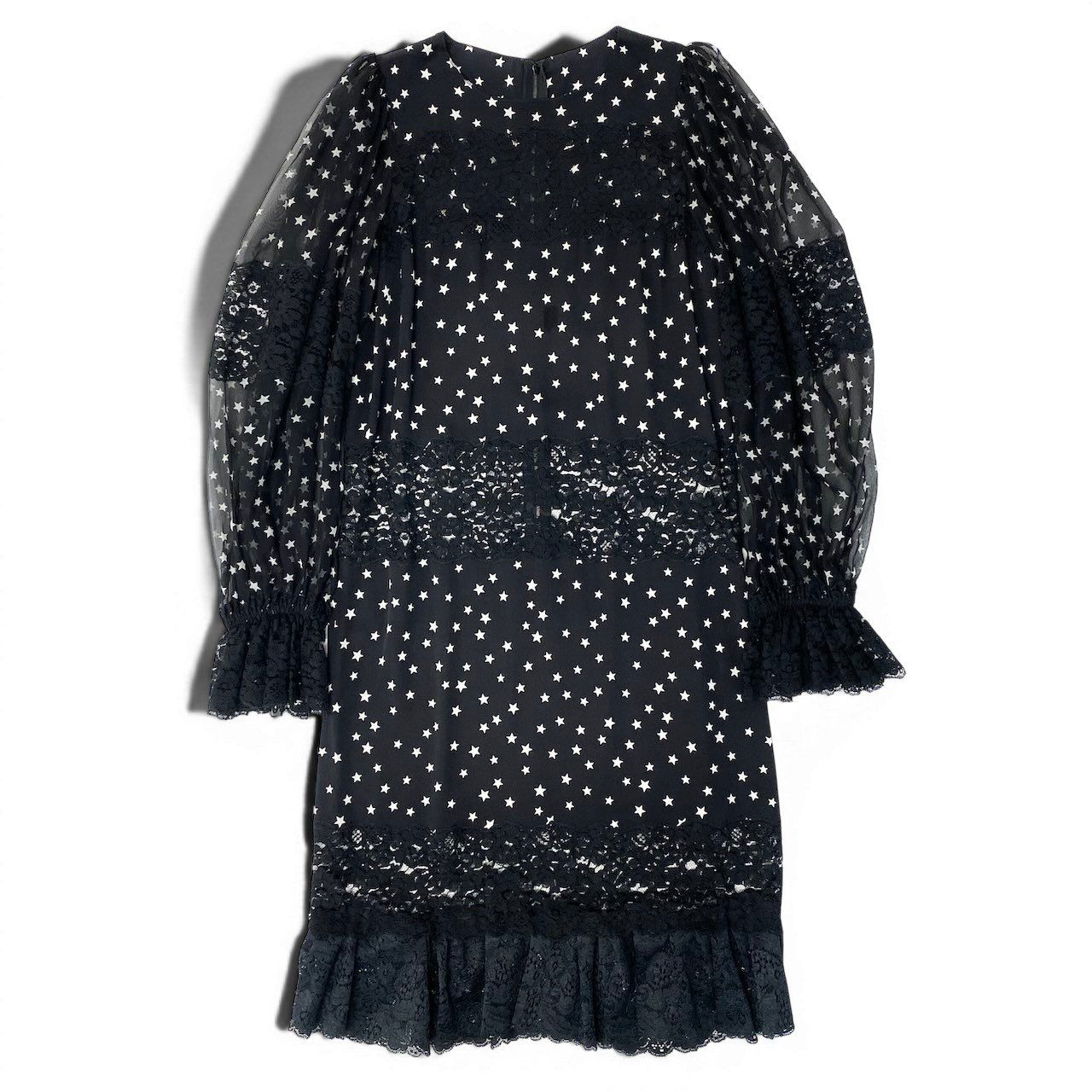 Dolce & Gabbana Lace Contrast Star Print Dress Pattern Sheer Puff Sleeve 38