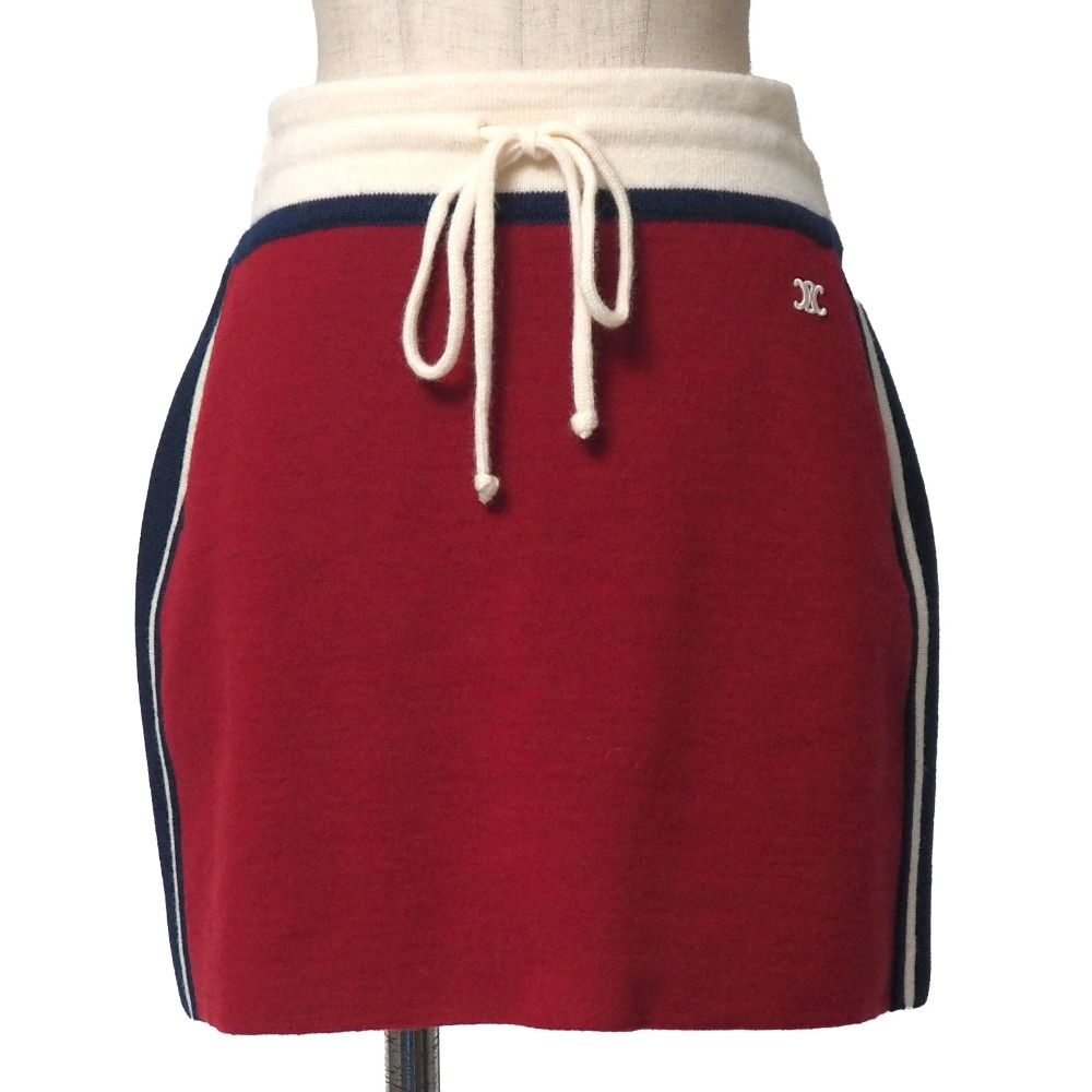 Celine Mini Skirt S Triomphe Embroidery Side Line Knit Tricolor