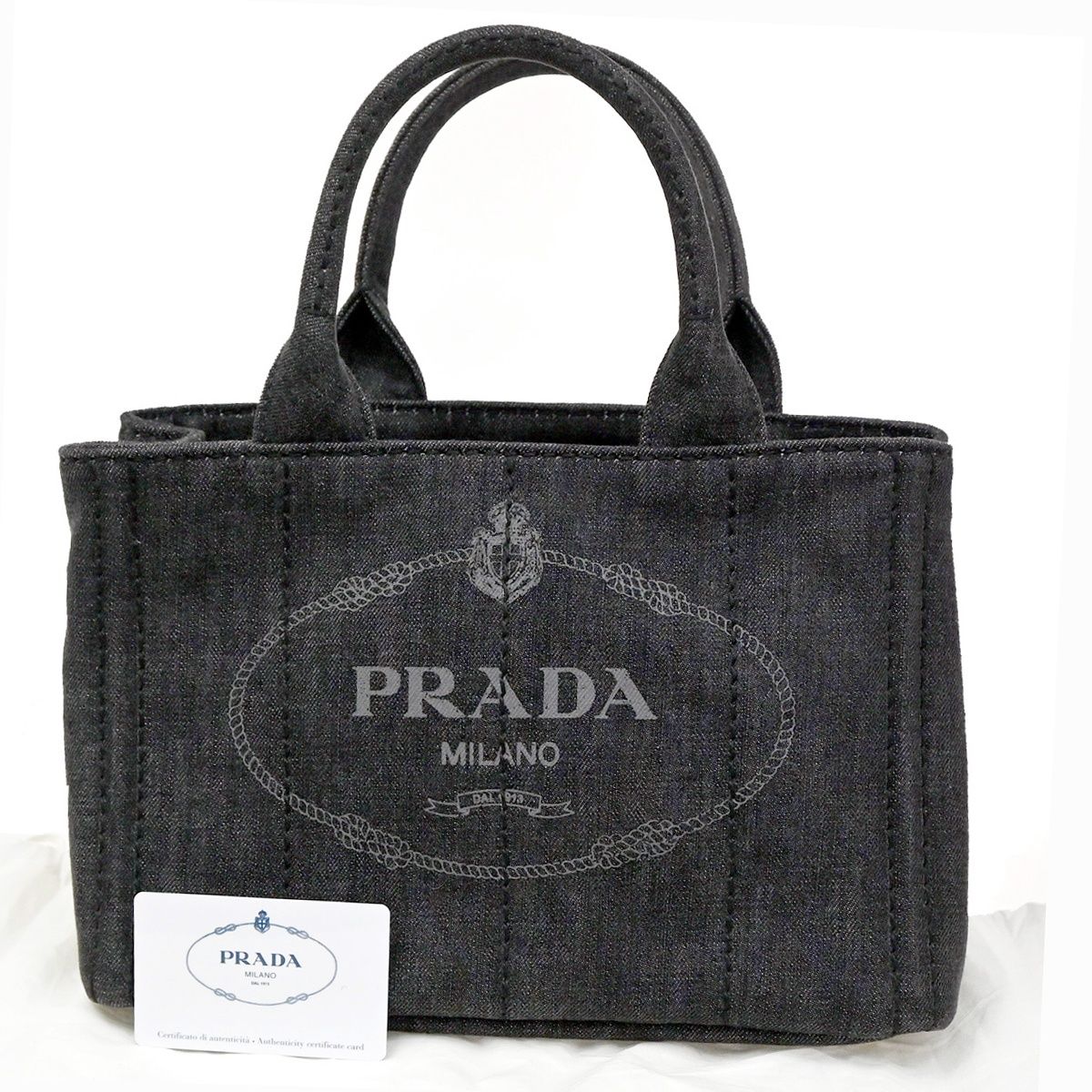 Prada Canapa Denim Tote Shoulder Bag Black Canvas