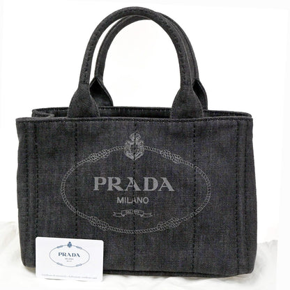 Prada Canapa Denim Tote Shoulder Bag Black Canvas