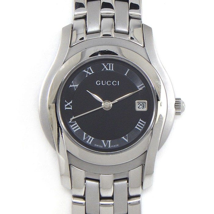 Gucci Watch Class Date Roman Index Black Dial SS Quartz Analog