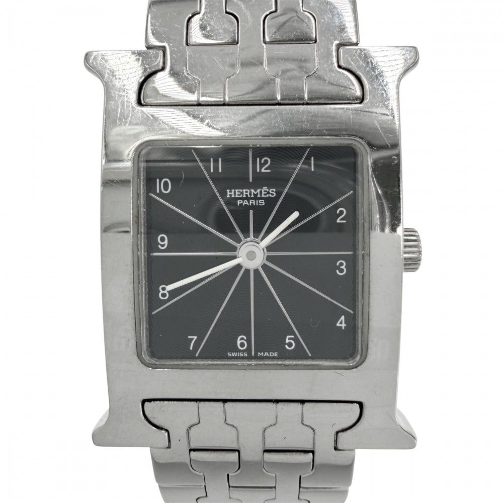 Hermes Watch Quartz Black Dial SS Stainless Steel Silver