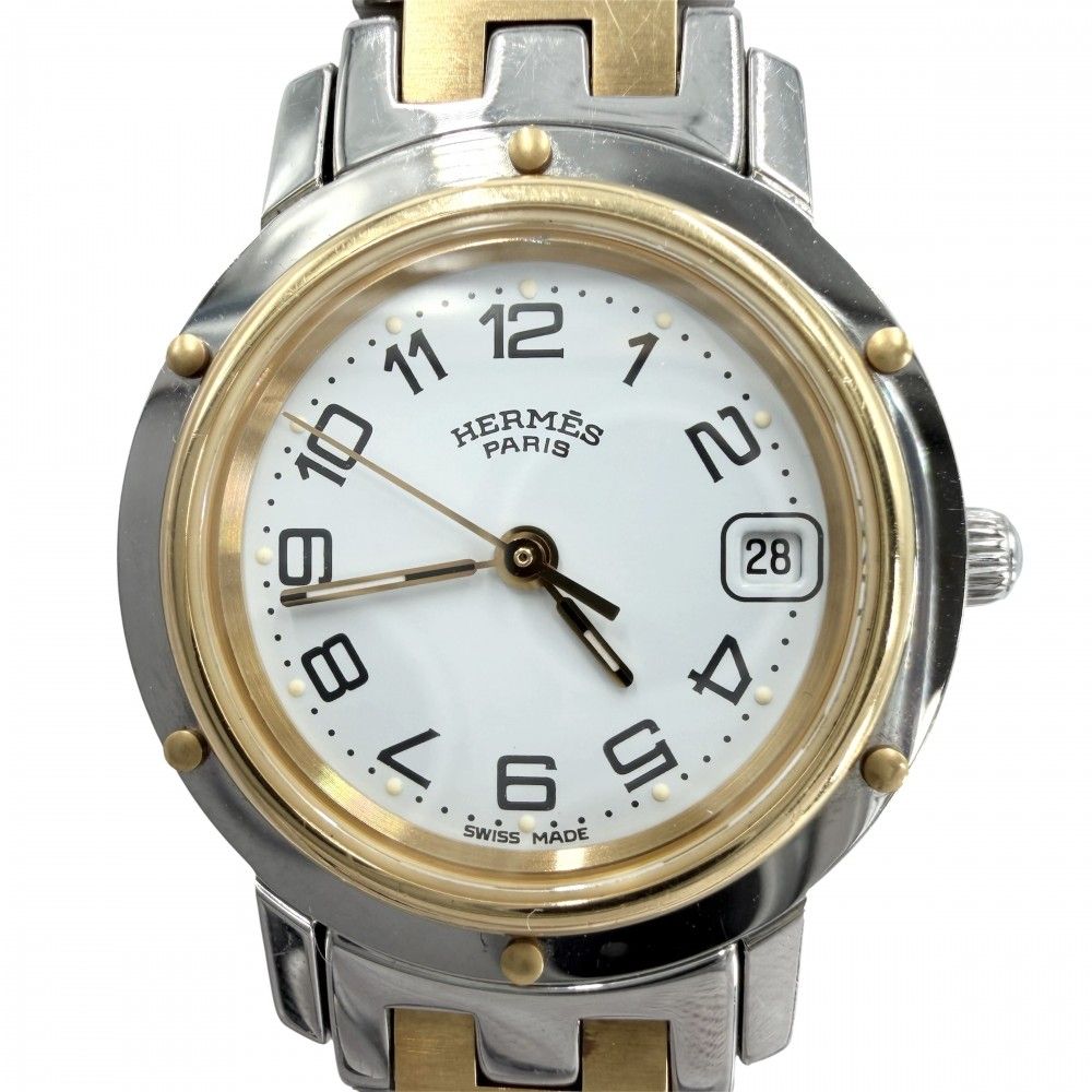Hermes Watch Clipper Motif Date SS Quartz Stainless Steel Silver Gold