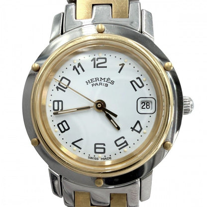 Hermes Watch Clipper Motif Date SS Quartz Stainless Steel Silver Gold