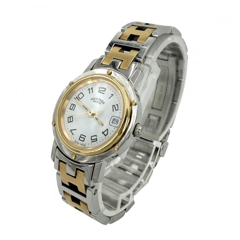 Hermes Watch Clipper Motif Date SS Quartz Stainless Steel Silver Gold — view 2