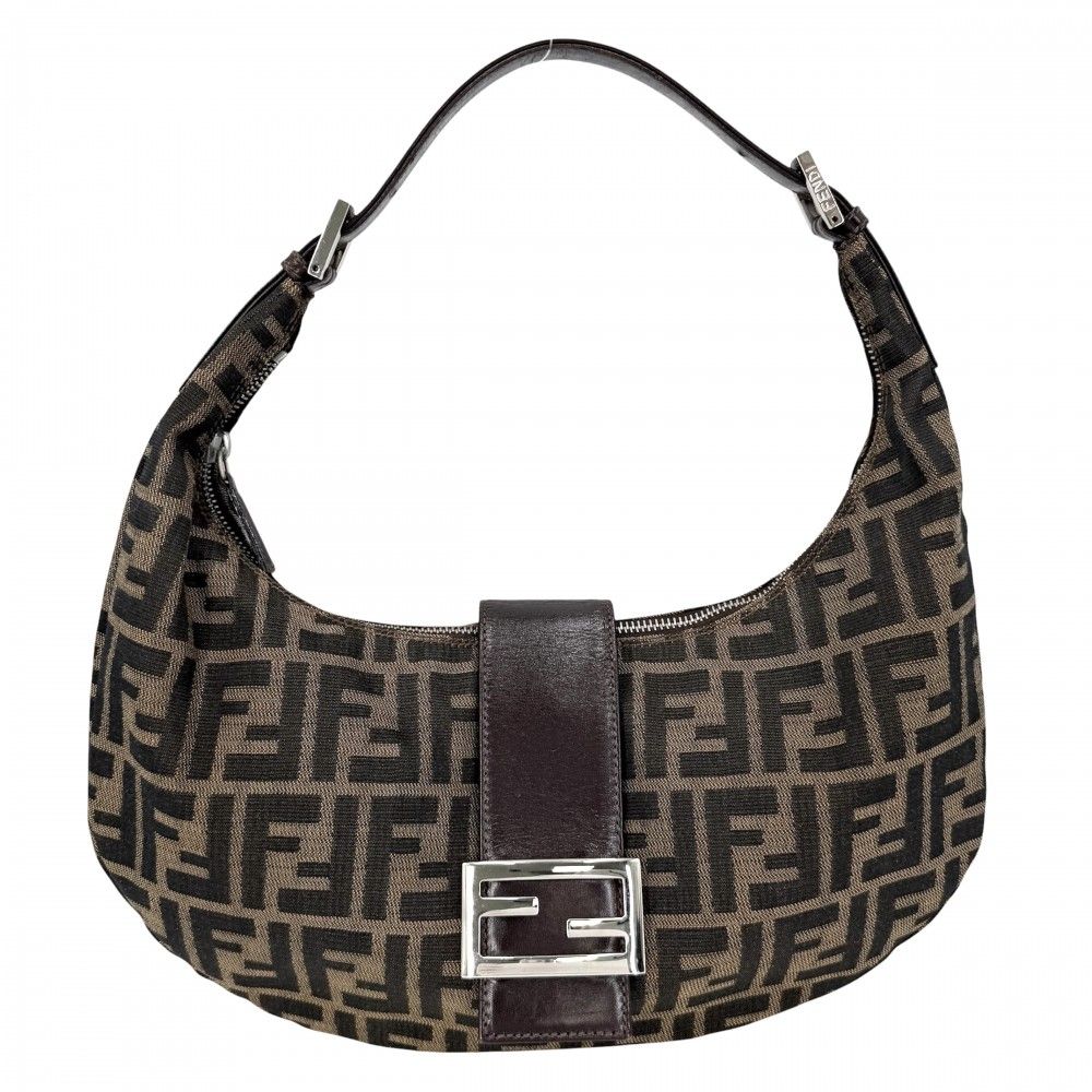 Fendi Moon Shoulder Bag Zucca Pattern Canvas Leather Brown Silver