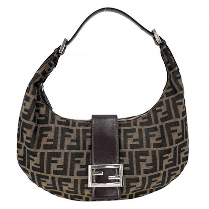 Fendi Moon Shoulder Bag Zucca Pattern Canvas Leather Brown Silver