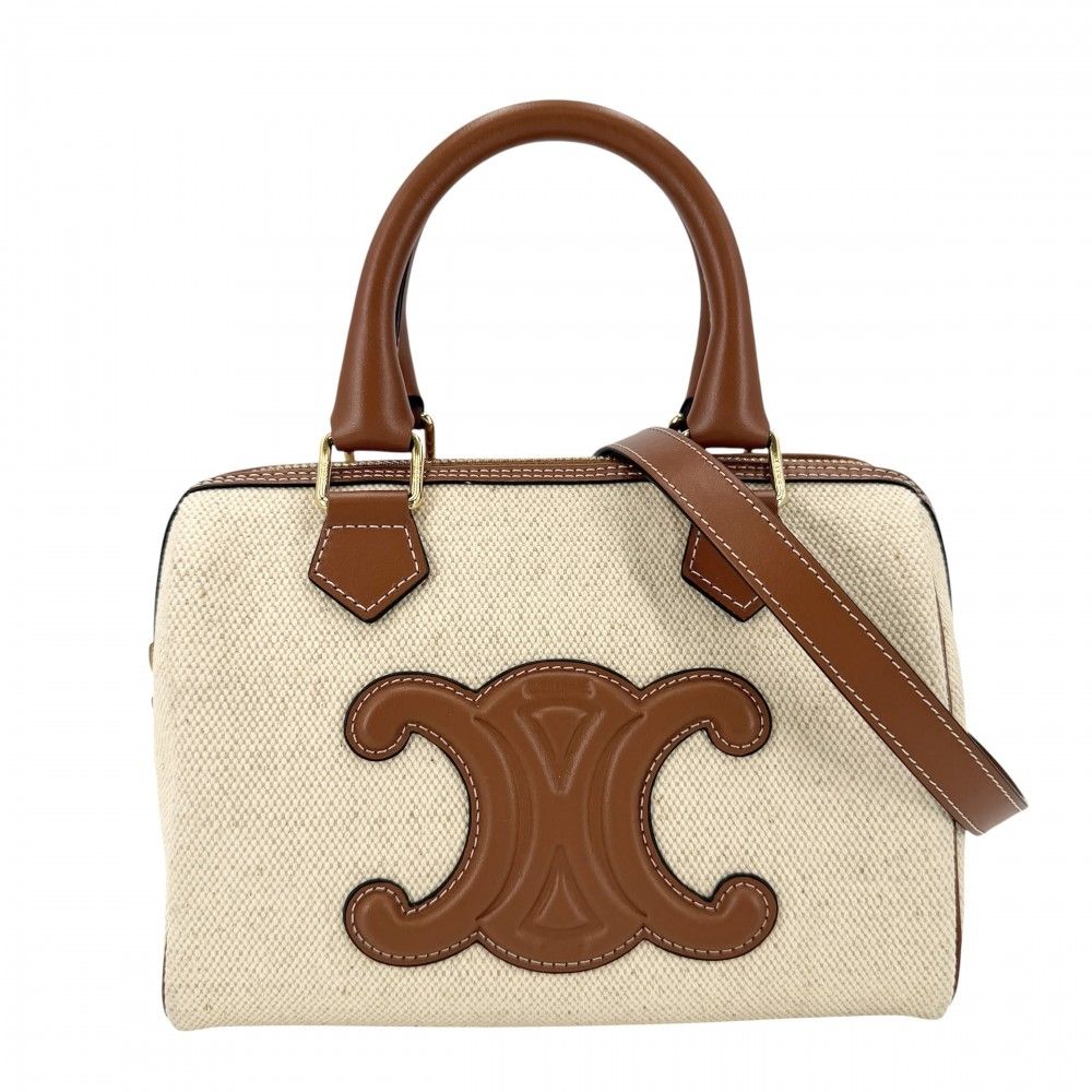 Celine 2-Way Triomphe Cuir Small Mini Boston Shoulder Bag Crossbody Canvas
