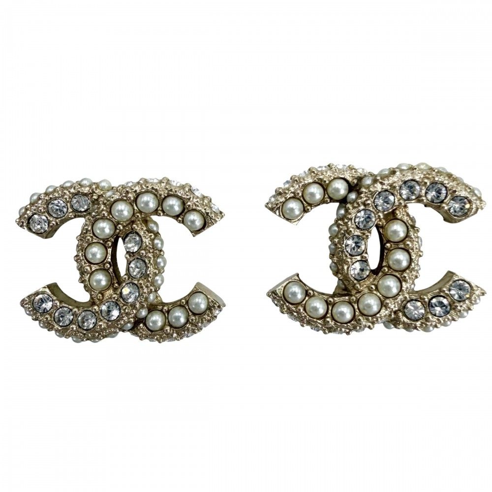 Chanel Earrings CC Logo Line Stone Faux Pearl Gold Plated White