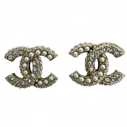 Chanel Earrings CC Logo Line Stone Faux Pearl Gold Plated White