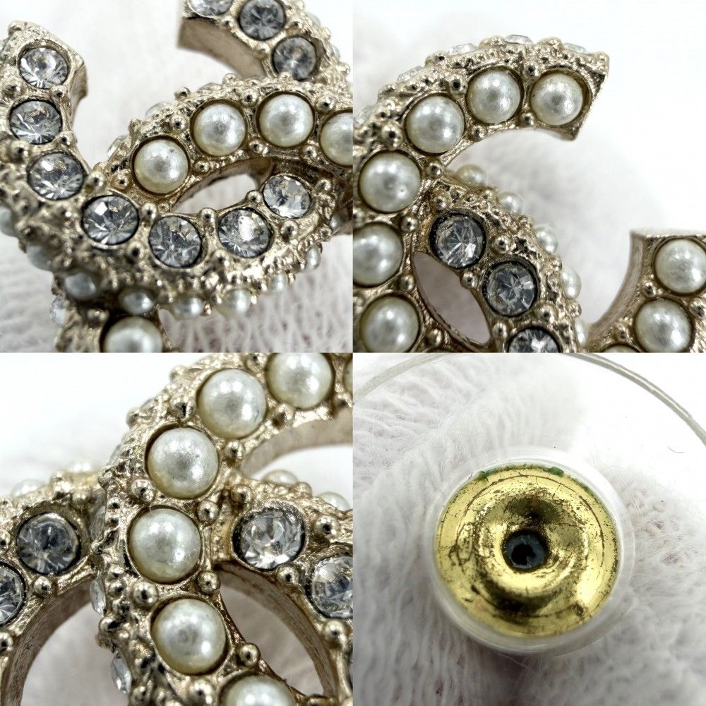Chanel Earrings CC Logo Line Stone Faux Pearl Gold Plated White — view 6