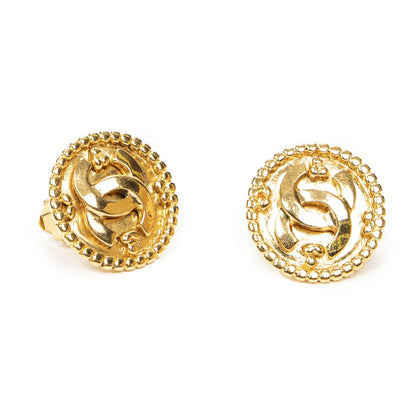 Chanel CC Logo Round Clip Type Earrings Gold Plated