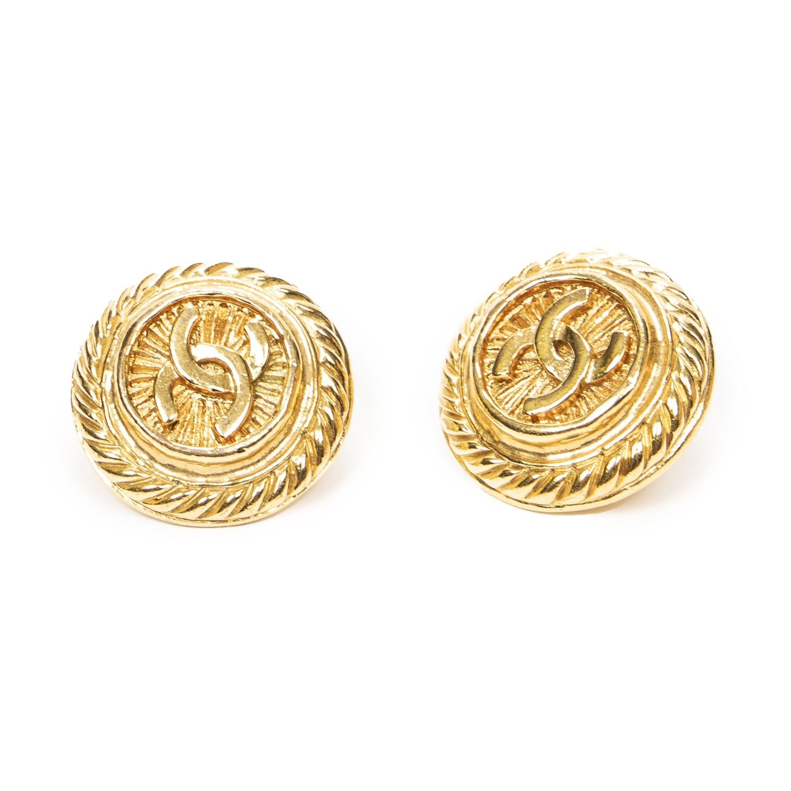 Chanel CC Logo Round Clip Type Earrings Gold Plated