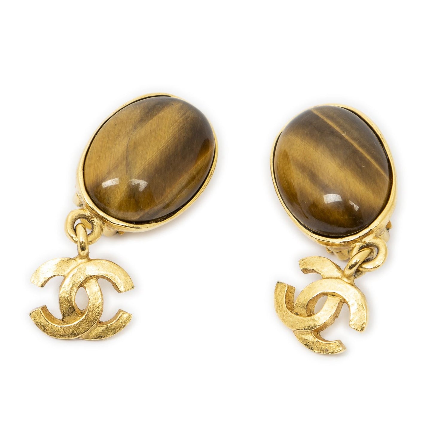 Chanel CC Gripois Dangle Clip on Earrings Gold Brown Plated