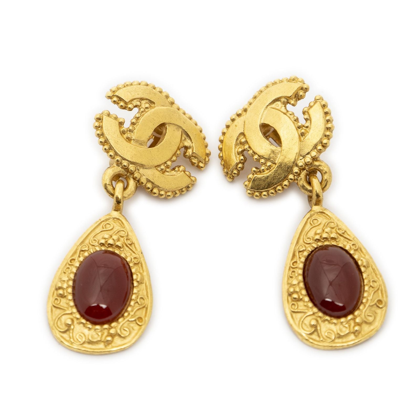 Chanel CC Gripois Dangle Clip on Earrings Gold Red Plated