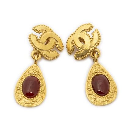 Chanel CC Gripois Dangle Clip on Earrings Gold Red Plated