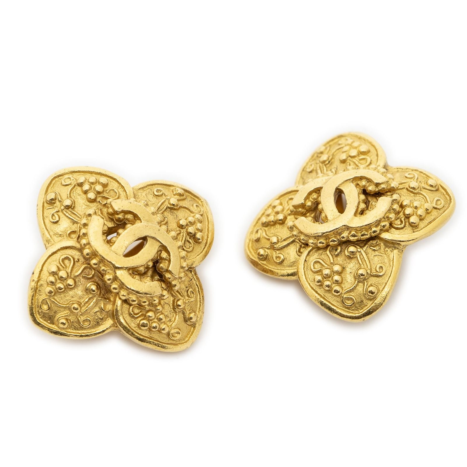 Chanel CC Clover Dangle Clip on Earrings Gold Plated