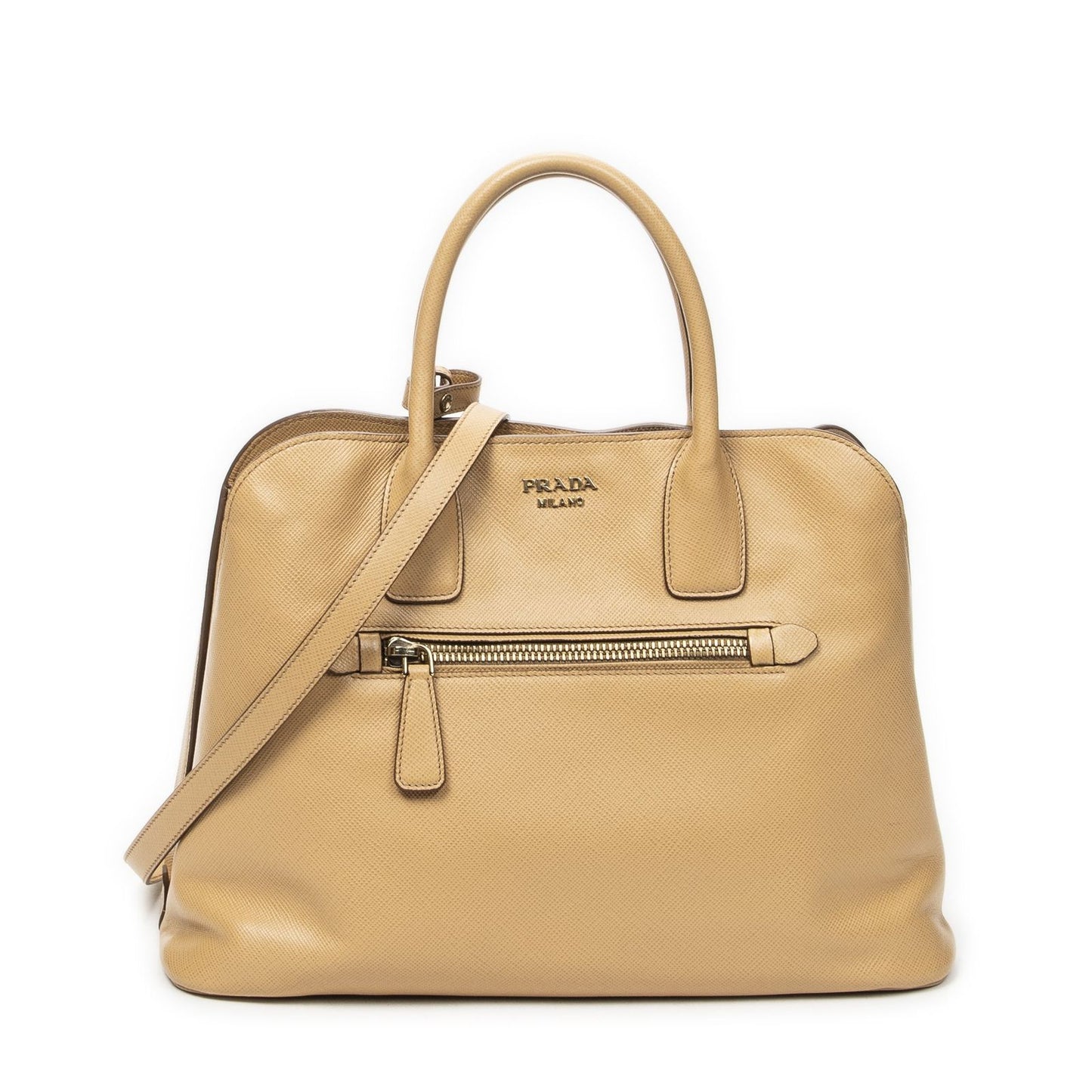Prada Front Pocket Braided Tote Beige Saffiano Leather