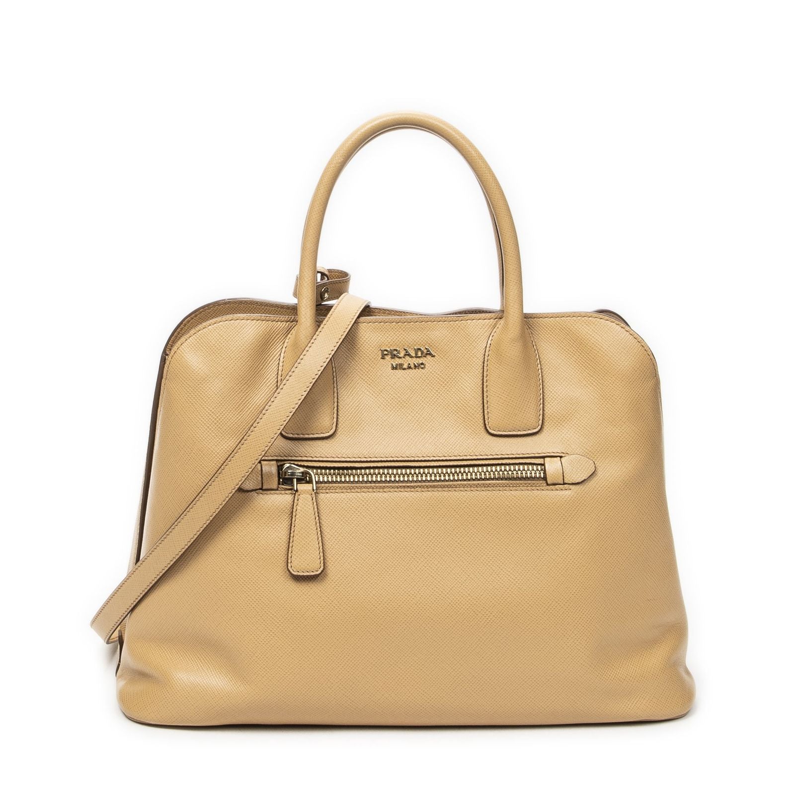 Prada Front Pocket Braided Tote Beige Saffiano Leather