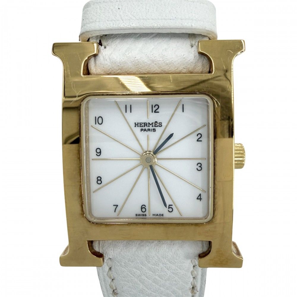 Hermes Watch White Dial Quartz Leather Gold