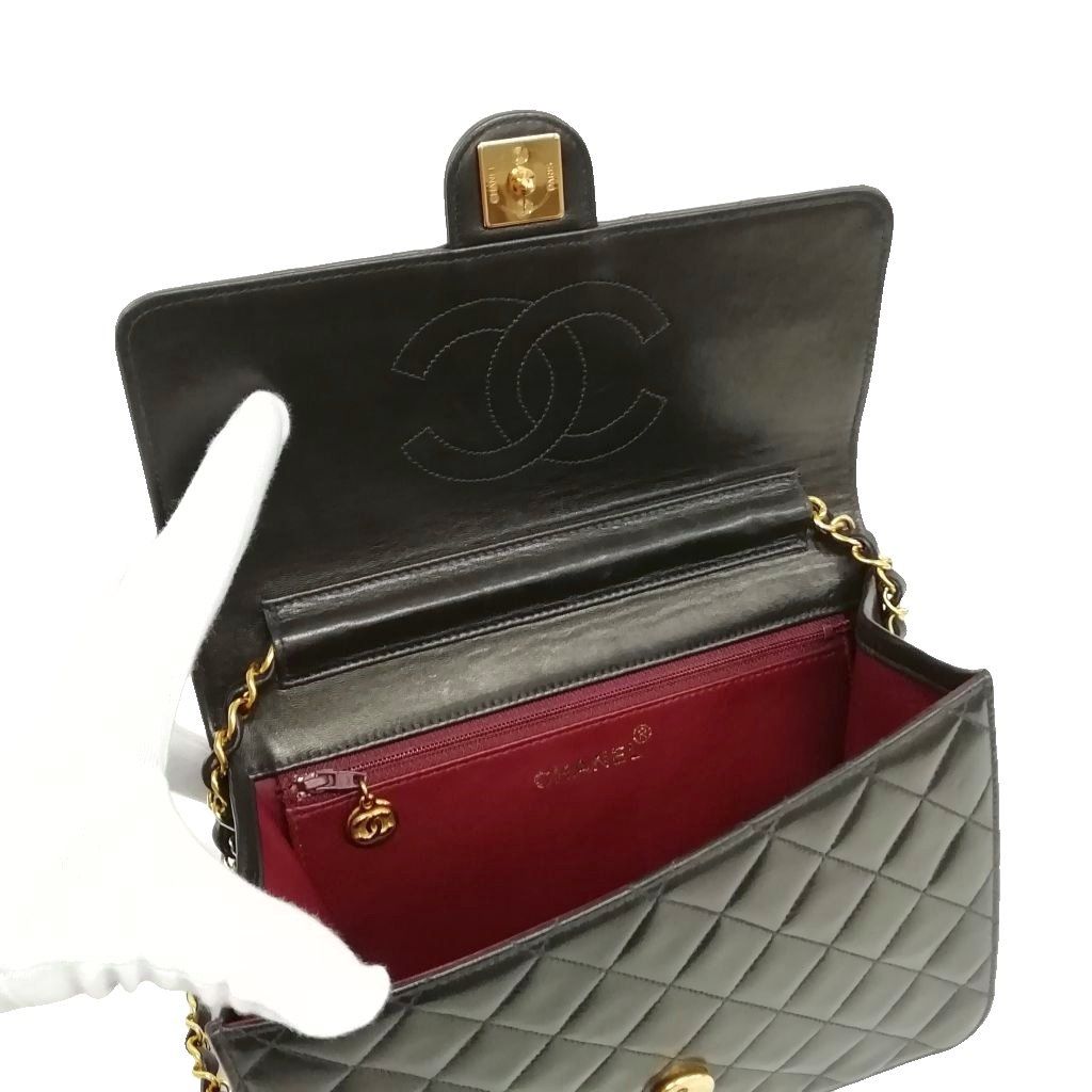 Chanel Quilted Chain Shoulder Bag Push Lock Lambskin Black Gold — view 6