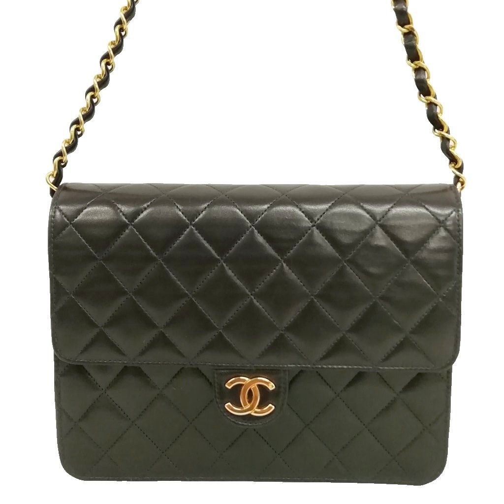 Chanel Quilted Chain Shoulder Bag Push Lock Lambskin Black Gold