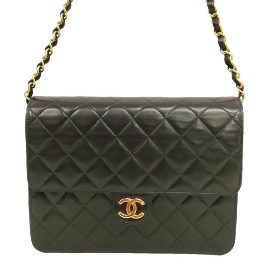 Chanel Quilted Chain Shoulder Bag Push Lock Lambskin Black Gold