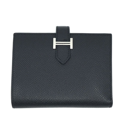 Hermes Bearn Compact Logo Wallet Coin Case Purse Black Silver