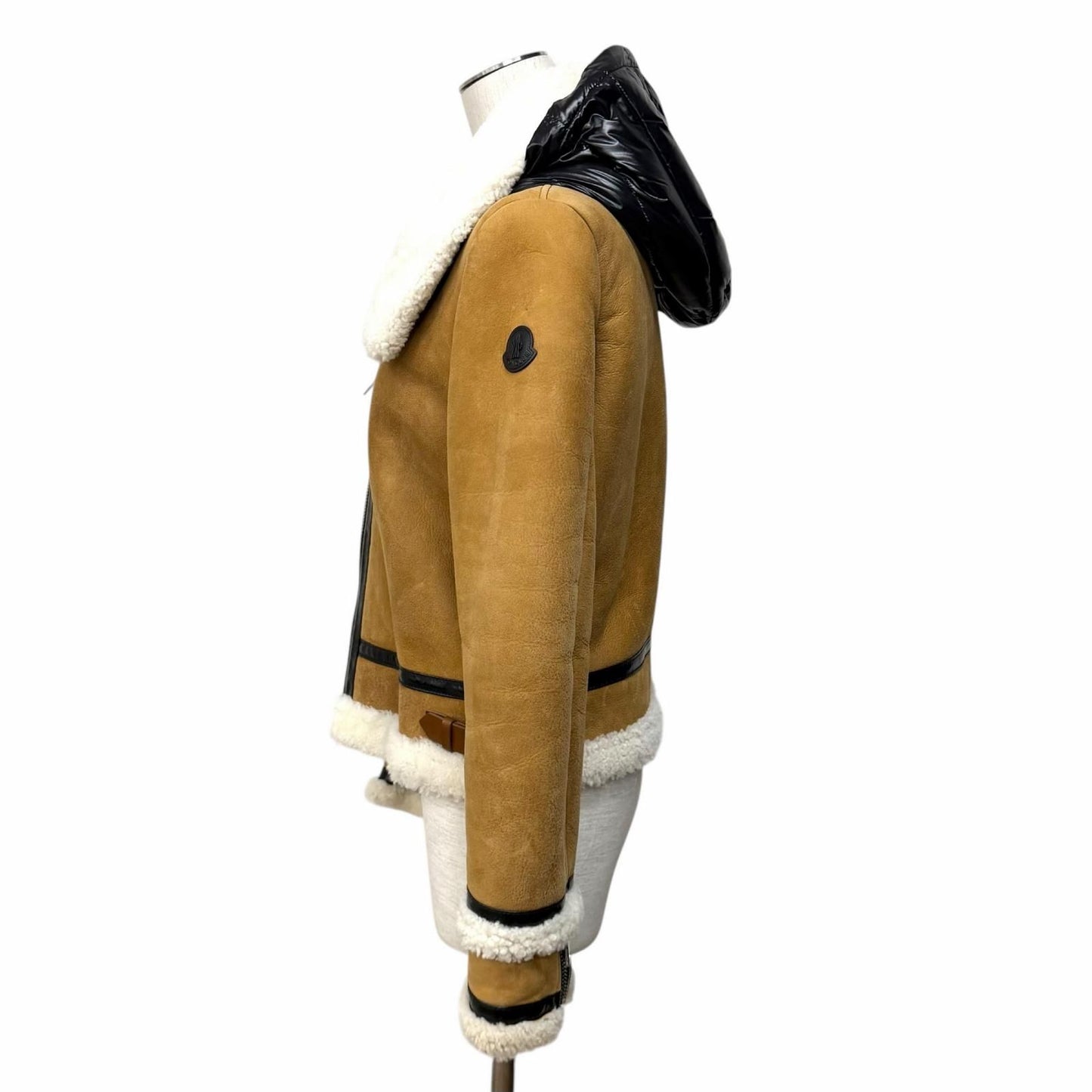 Moncler Leather Logo Patch Down Jacket Cut Replacement Shearling Rider's Brown — view 2