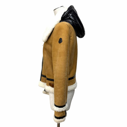 Moncler Leather Logo Patch Down Jacket Cut Replacement Shearling Rider's Brown — view 2