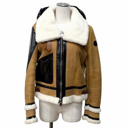 Moncler Leather Logo Patch Down Jacket Cut Replacement Shearling Rider's Brown